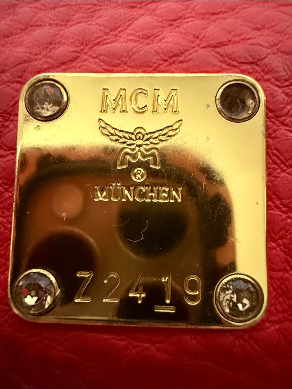 MCM Studded Crossbody / Wristlet– Red Pebbled Leather Gold Studs - Picture 3 of 13